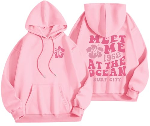 Lubpow Cute Pink Flower Hoodie for Woman Preppy Sweatshirts Trendy Puff Print Letter Graphic Hoodies Casual Pullover Tops