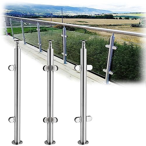 Barandilla para escaleras de cristal de acero inoxidable 304 con abrazadera de cristal en color plateado, 90 – 110 cm, para vidrio templado de 6 a 17 mm, barandilla de barandilla de metal