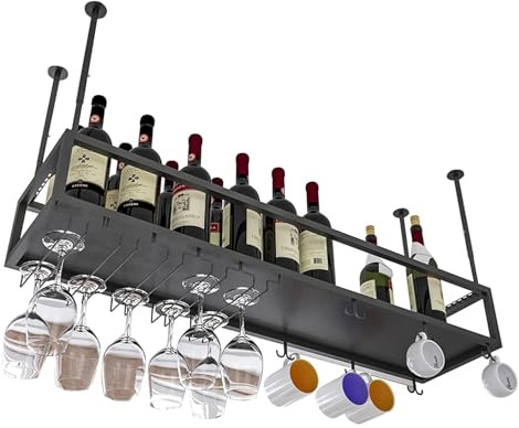 Portabicchieri da parete in ferro per bar, cucine, da appendere al soffitto, per bar, armadietti, portabottiglie e mensola decorativa (100 x 25 x 21 cm)