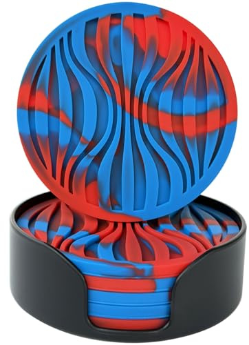 Silicone Coasters Set of 6 - Thick Design (0.5 cm) Round, Heat Resistant for Pot, Drinks, Coffee, Beer - Non-Slip Bar Mat with Patterns (Blue + Red)