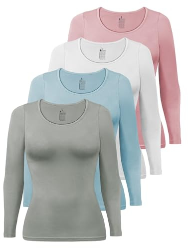 ALPIDEX T-Shirt Femme Manches Longues Lot de 4 Basique Uni Coton Stretch sous-vêtement Col Rond, Taille:M, Couleur:Dawn