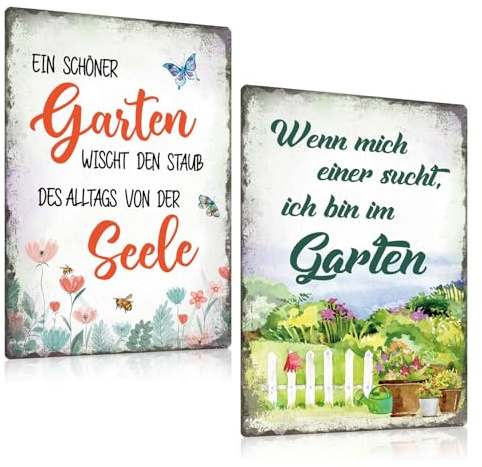 2er Set Retro Blechschilder 20x30cm - Bienen Metallschilder mit Sprüchen - Ich bin im Garten - Ein schöner Garten wischt den Staub des Alltags von der Seele - Vintage Geschenk (E)