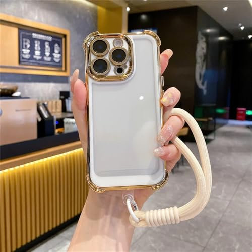 VFDHN Galvanisieren mit Lanyard Transparente Handyhülle für iPhone 15 14 13 12 11 16 Pro Max Plus Stoßstange Stoßfeste durchsichtige Abdeckung, Weiß, Für iPhone 15