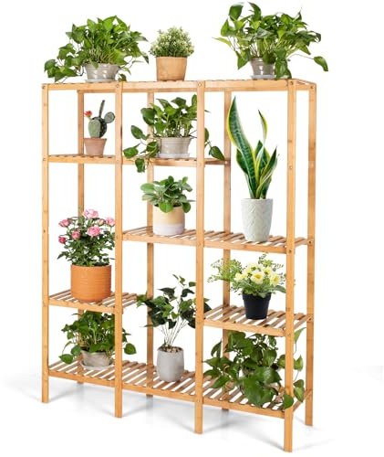 RELAX4LIFE Étagère à Fleurs à 5 Niveaux en Bambou 114x31x141cm, Porte-Plantes avec Support de Suspension, Support de Pots Extérieur Intérieur en Quinconce Anti-basculement pour Jardin Salon Balcon