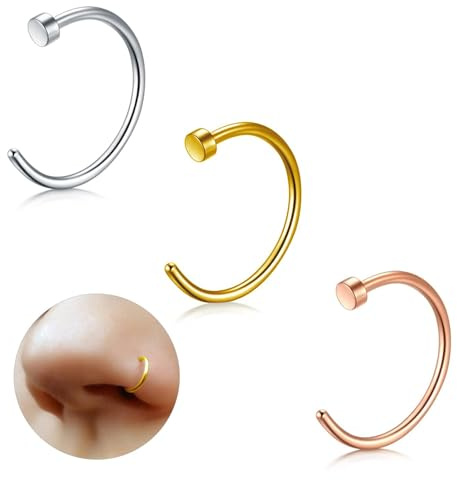 ESHIONER G23 titan falsk nostril piercing septum näsa tragus helix conch falsk näspiercing kvinnor män 18G 20G 6 mm/8 mm/10 mm silver guld 3 st allergivänlig falsk nostril piercing, (20g)0.8mm----8mm