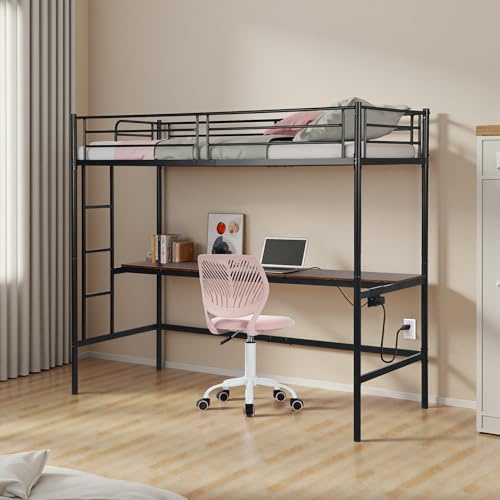HOMYLIN Loft Bett mit Schreibtisch, Kinder Etagenbett 90 x 200 cm, Metall Einzelbett mit Steckdose für Kinder, Jugendliche und Erwachsene, Schwarz