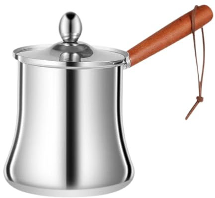 MagiDeal Cafetière Turque, Chauffe-lait, Faitout pour Chocolat Chaud, Manche Long En Bois, Multifonction, avec Couvercle, Petite Bouillante, 350 ml