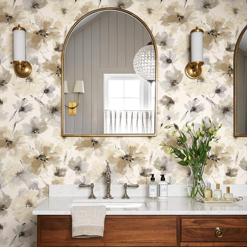 Murgall Beige Selbstklebende Tapete 44X300cm Blumentapete Abziehen und Kleben Moderne Möbelfolie Kontakttapete