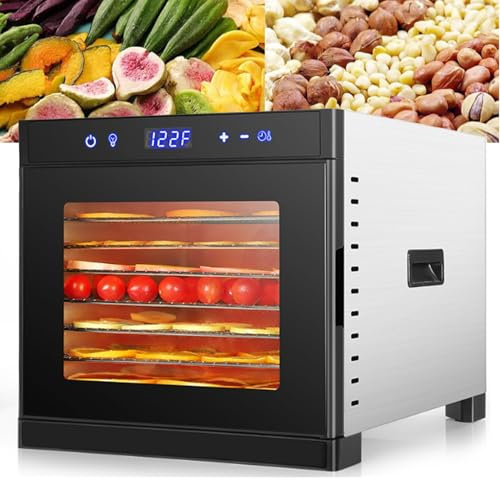 Essiccatore per Verdure a 8 Piani, essiccatore per Frutta e Verdura in Acciaio Inossidabile con Touch Screen e Timer da 0,3 a 24 Ore, Temperatura Regolabile per Verdure, Frutta e Carne.