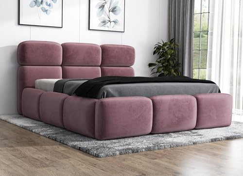 A&J MöbelLand Polsterbett 90x200 mit Bettkasten und Lattenrost – MAROKO, Bett mit Matratze und Stauraum in Rosa