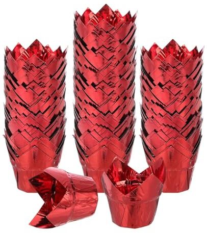 sourcing map 100 pirottini a tulipano per cupcake, muffin, in alluminio, pirottini per cupcake, muffin, per matrimoni, feste di compleanno, colore rosso