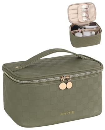 Prite Makeup Bag, Large Capacity Portable Travel Cosmetic Bag, Waterproof Makeup Organizer for Women with Handle and Divider (001 Checkered Green)