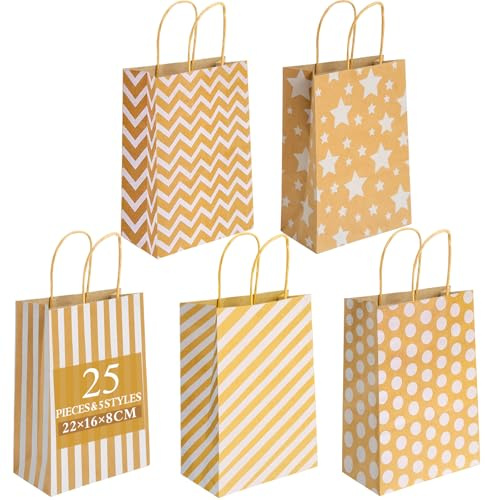 25 Pièces Sacs Cadeaux en Kraft, Sacs de Fête avec Anse, Cadeaux en Papier, Sac Petit Format, Pochette Kraft, pour les Fêtes de Fin D'année, la Pâtisserie, le Shopping, Marrons, 22×16×8cm