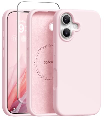 GONEZ Magnetic for iPhone 16 Case, Compatible with MagSafe, [Screen Protector + Camera Lens Protector], Liquid Silicone Shockproof Protective Phone Case for iPhone 16 6.1, Chalk Pink