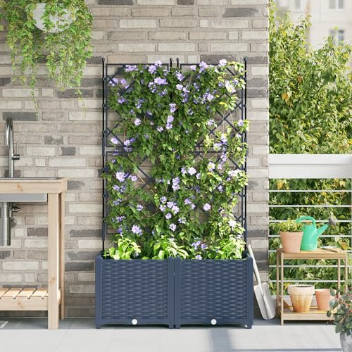 HaoChrymec Pflanzkasten mit Rankgitter, Synthetischer Kunststoff, Höhenverstellbar, Pflanzkübel für Kletterpflanzen, Balkon & Garten, Grau, 80x40x143 cm, 2 STK.