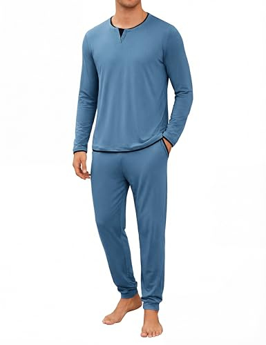 Jahetuul Mens Pyjamas Set Long Sleeve Crew Neck Top & Cuffed Pants With Pockets Soft Cotton Loungewear Sets for Home Casual Blue