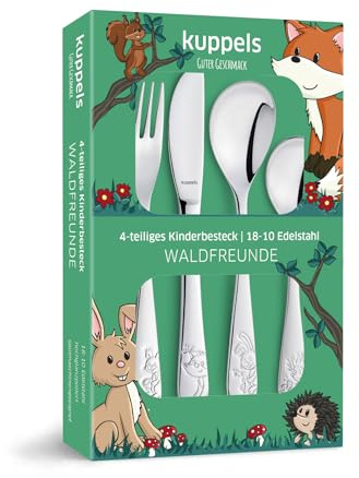Kinderbesteck Set 4-teilig mit Motiv - personalisiertes Kinderbesteck – Namensgravur auf Messer, Gabel, Löffel & Kaffeelöffel – individuelles Geschenk zur Geburt, Taufe, Geburtstag (WALDFREUNDE)