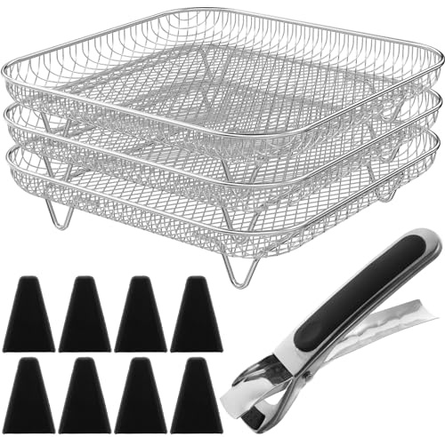 3 Layer Square Air Fryer Rack Stackable Airfryer Accessories for 5L-7.5L air fryers,20x20x4cm 304 Stainless Steel Air Fryer Basket with 8 Feet and Clip for Baking Compatible with Tower Phillips