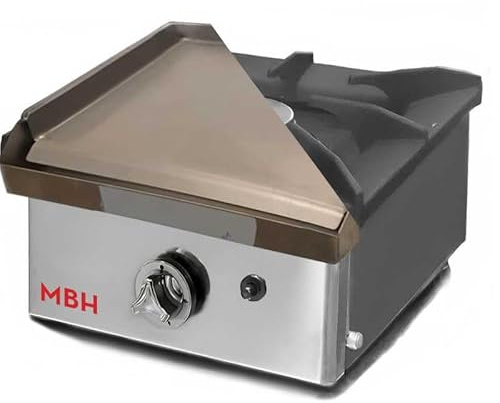MBH - Fogón y Plancha a Gas Profesional Todo en Uno con Parrilla de Fundición y Placa Laminada 40x40 cm para Hostelería. Cocina Industrial de Sobremesa INOX para Bar y Restaurante (410x452x233 mm)