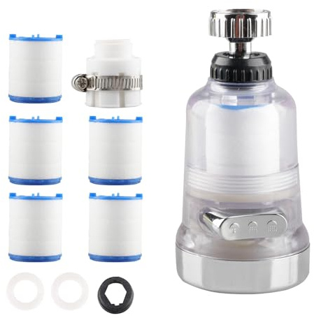 OUPADOS Wasserfilter Wasserhahn mit 360° Drehbar Wasserhahnfilter 5 pcs PP-Baumwolle Filterelement Und Universaladapter Wasserhahn Entkalker Aufsatz für Spüle, Küche, Badezimmer