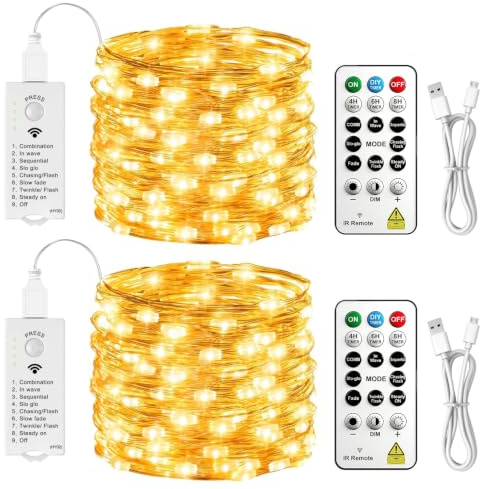 SINAMER Lichterkette Batterie Aufladbar, 2x10M 100 LED, Fernbedienung | 8 Modi und Timer, Lichterketten Innen Batterie, Wasserdichter Mini Draht,Deko Zimmer Weihnachten Party Außen (Warmweiß)