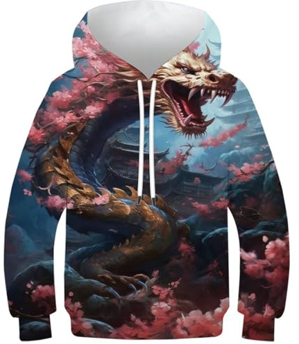 Sweat à capuche pour garçons et filles 3D chien uniforme militaire manches longues pull amusant sweats à capuche à manches longues, Dragon Cherry 10 japonais, 13-15 ans