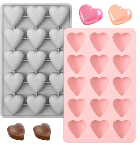 2 Stück Herzförmige Silikonform, Schokoladenform Silikon, Schokoladenform mit 15 Mulden, Herzform Kuchenform, Eiswürfelform Herz Silikon für Schokolade, Süßwaren, Gelees, Seifen, Eiswürfel
