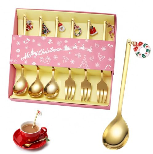 Juego de 6 cucharas de Navidad, cucharas de Navidad doradas y plateadas de acero inoxidable con colgantes, cucharilla de postre, cubiertos de Navidad, caja de regalo para fiestas y decoración de mesa