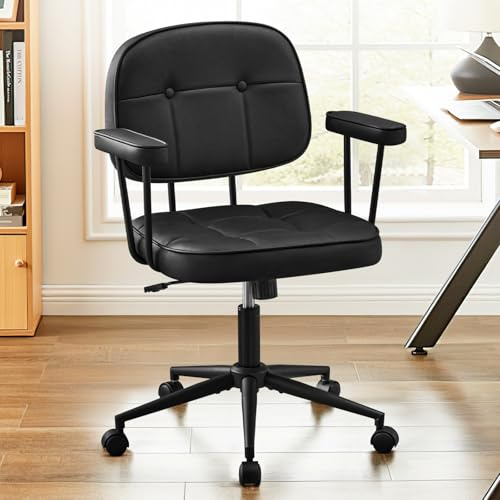 Hellove Homeoffice Stuhl, Schreibtischstuhl, Drehstuhl, Schminkstuhl, höhenverstellbar, PU Leder, mit Armlehnen, für Schlafzimmer Büro Wohnzimmer, Schwarz