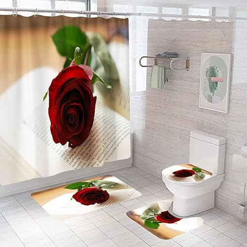 Badgarnitur 4 Teilig Badezimmerteppich Waschbar Badematte rutschfest,Wc Vorleger Mit Ausschnitt Badematte Und Duschvorhang,Badvorleger Toilette Teppich 45X75Cm Rote Rose