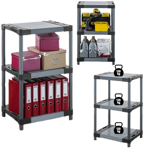 MODO24 Kunststoffregal Jupiter 98x70x46 cm, 3 Ablagen à 120 kg, Lagerregal aus Kunststoff für Keller, Garage, Vorratsraum, Werkstatt, Kellerregal, Steckregal modular, Plastikregal, Farbe: Grau