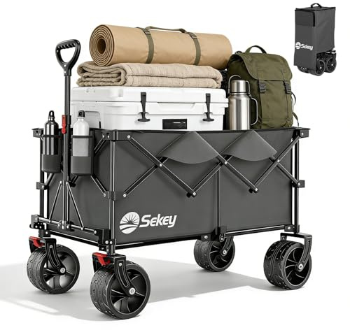 Sekey XXL Plus Bollerwagen Faltbar 200L 200KG Extra Breit-Reifen | Faltbollerwagen mit 17x10 cm All-Terrain-Räder Handwagen, Patentiert 4-Wege-Sofortaufbau Transportwagen, Anthrazit