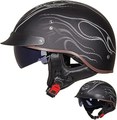 Halvskalshjälm med ECE/DOT-certifiering, jethjälm, retrohjälm, chopperhjälm, retro, motorcykelhjälm, skoterhjälm, öppen hjälm, med solskydd och avtagbart andningsbart foder. F, M=57–58 cm