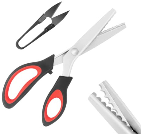KUONIIY Tijeras de Zigzag (Festoneadas y Onduladas), Cuchillas de Acero Inoxidable Afiladas, Mango de Agarre Cómodo, Para Costura y Manualidades Profesionales, 9 Pulgadas, Negro y Rojo