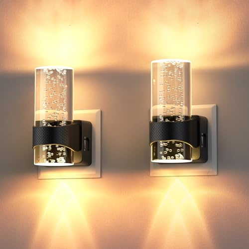 Quntis Plug in nattljus, akrylbubbla plugin nattljus skymning till gryningen sensor, justerbar ljusstyrka 0-100LM, 3000K varm vit plugin väggljus för hall badrum trappa sovrum, 2Pack runda svart