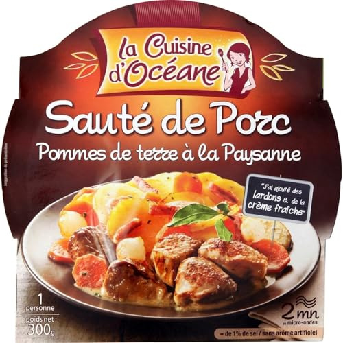LA CUISINE D'OCEANE - Sauté de Porc avec Pommes de Terre à la Paysanne - Lardons et Crème Fraîche - Sans Arôme Artificiel - Prêt en 2 min au Micro-Ondes - la barquette de 300g - Le Lot De 4