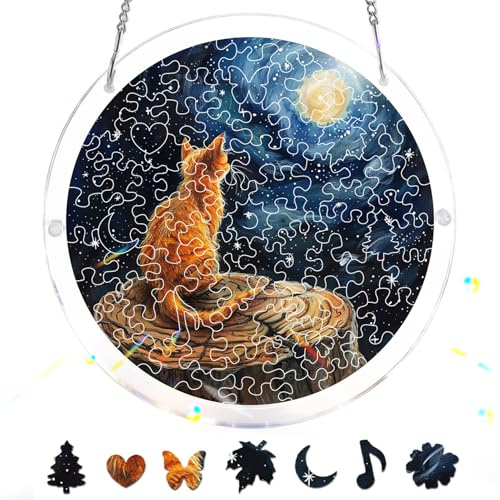 Zariocy Cat Acrylic Jigsaw Puzzle Suncatcher - Stained Glass Window Hanging - Creative Home Decor - 83 Piece Puzzle & Pendant Combo - Ideal for Mom, Wife, Aunt Gift 18x18 cm-66