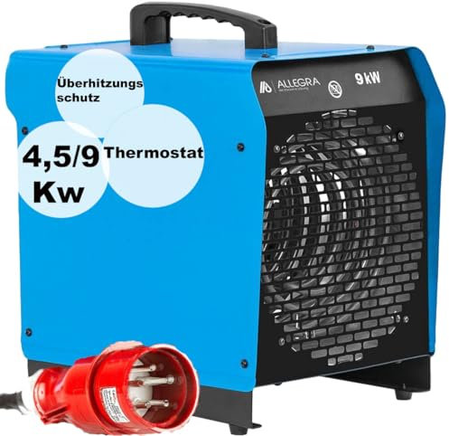 ALLEGRA Heizlüfter 9kw 400v Bauheizer Heizgebläse Bau Heizgerät Elektroheizer elektrisch Heizstrahler für Starkstrom Garage und Industrie 16A mit Thermostat Zeltheizung Heizer für Baustelle