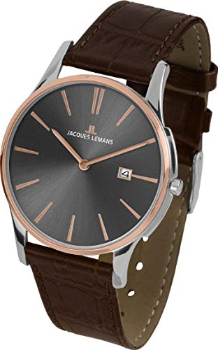 JACQUES LEMANS Damenuhr London Lederarmband massiv Edelstahl ip-rosé/Bicolor 1-1937E