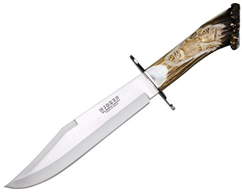 Joker-Jagdmesser Bowie 25 CT101, handgeschnitzter Hirschhorngriff, Gürtelmesser mit 25 cm MOVA Stahlklinge, inkl. brauner Lederscheide, Werkzeug zum Angeln, Jagen, Camping und Wandern