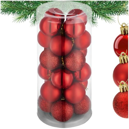 tectake® 24er Set bruchsichere Weihnachtskugeln Skandi Style, Baumschmuck, Christbaumkugeln rot Plastik, mit Matter, glänzender und glitzernder Oberfläche, inkl. Weihnachtskugel-Aufhänger
