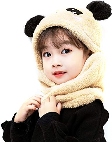 Barakara Mössor för småflickor, tjock varm mjuk huva halsdukar söt björn lätt vintermössa med halsduk set fleece plysch skalle keps för barn småbarn 1-10 år, Khaki, 5-10 år