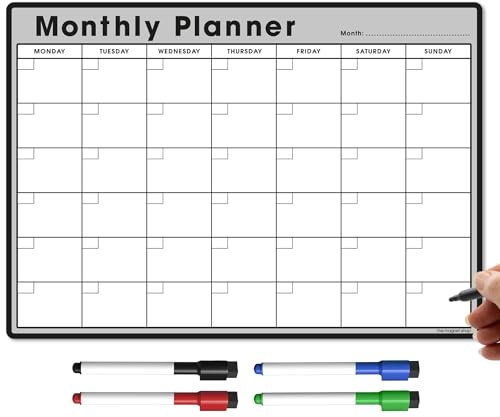 TMS A3 Monthly Planner Whiteboard | Magnetic Fridge Calendar for Meal Prep, Work or Family Planning | Made in The UK (A3, Grey)