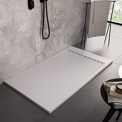 Luminosa ArredoBagno Piatto Doccia Resina 110x80 - Effetto Pietra Antiscivolo con GELCOAT - Modello Luxury Bianco - Griglia in Tinta Unita e piletta Incluse