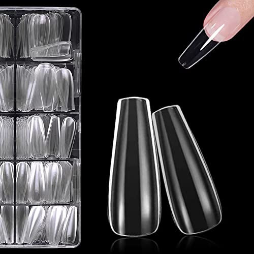 500 Stücke Acryl Künstlich Nagelspitzen Falsche Nagel, Ballerina-Fake-Nägel, Sarg Nagelspitzen, Natürliche Nageltips mit Klar Box, Lange Sargform, 10 Größen
