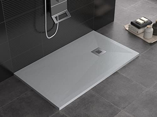 Piatto doccia in mineralmarmo grigio cemento superficie ad effetto bocciardato, slim 3 cm, rivestito di Gelcoat, antiscivolo