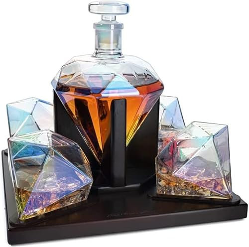 The Wine Savant Diamond Whiskey & Wine Decanter, Iridescent Set - 750ml With 4 Diamond Glasses and Beautiful Mahogany Wooden Holder Liquor, Scotch, Rum, Bourbon, Tequila Tray Whiskey Gifts for Men