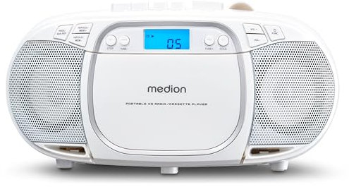 MEDION E66476 Stereo Sound System (Boombox, CD-Player, MP3, Kassette, tragbarer Kassettenspieler für Kinder, UKW Radio, AUX, Kopfhörer, Netz & Batterie) weiß