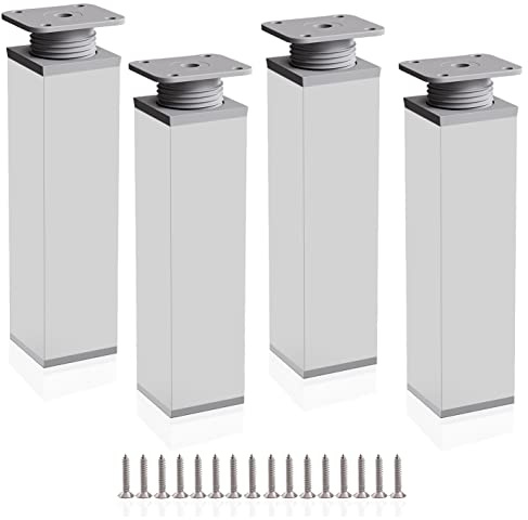 Rusoz Adjustable Cabinet Legs, 4 Pcs Legs for Furniture 200mm Adjustable Height 0-20mm Aluminum Alloy Table Legs for Desk,Sofa and DIY Furniture, Matte Silver
