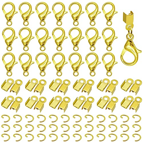 500pcs Fold Over Cord Ends Kit for Jewelry Making,Includes 100pcs Lobster Claw Clasps 200pcs Open Jump Rings 200pcs Cord Clamp Ends Crimp for Leather Ribbon DIY Bracelets Necklaces(Gold)